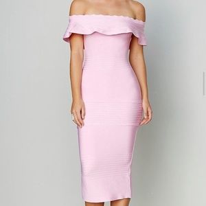 Off the Shoulder Pink MIDI Length Bodycon Dress